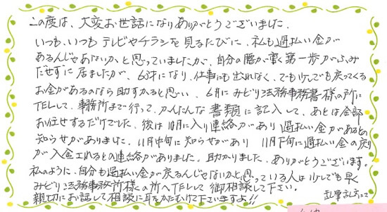 Sさん・60代女性レイクの過払い金請求の口コミ