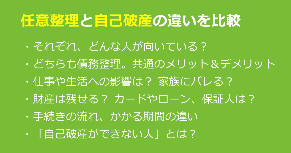 任意整理と自己破産の違い｜デメリットやポイントごとに比較