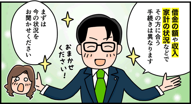 借金の額や収入、家計の状況などでその方に合う手続きは異なります。まずは今の状況をお聞かせください～と司法書士が話すイラスト