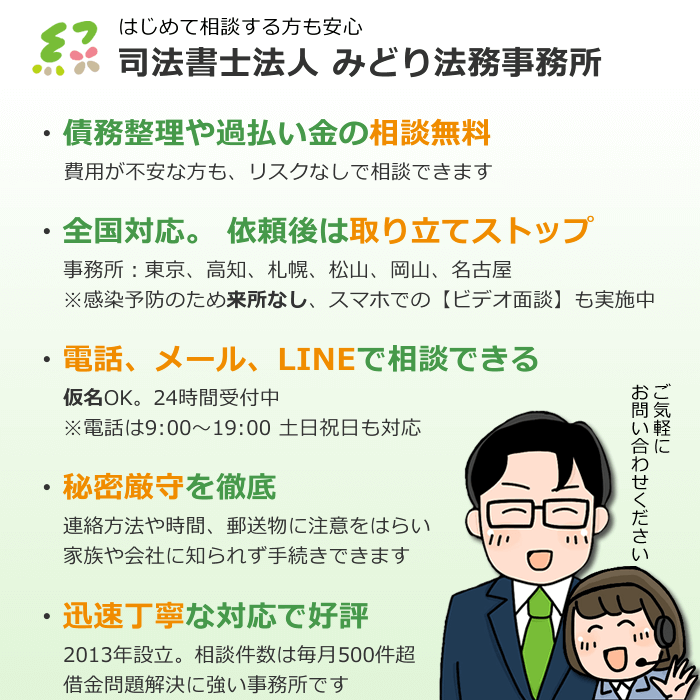 はじめて相談する方も安心 司法書士法人みどり法務事務所。債務整理や過払い金の相談無料、全国対応・依頼後は取り立てストップ、電話・メール・LINEで相談できる、秘密厳守を徹底、迅速丁寧な対応で好評